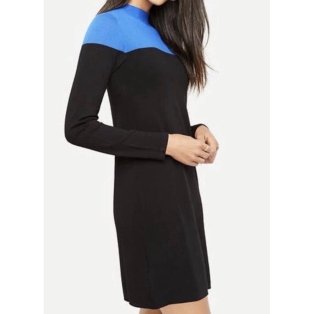 Ann Taylor Blue Black Color Block Long Sleeve Sweater Sheath Dress Mock Neck M